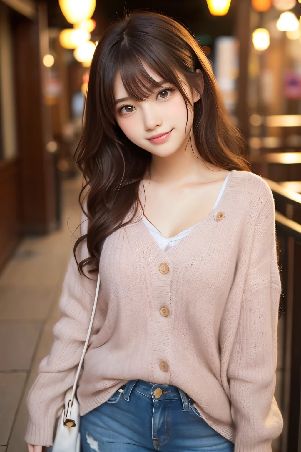 (masterpiece:1.2,Highest quality),Blur the background,1 female college student,((Cute casual clothes)),((Gravure pose)),Wavy Hair,((Beautiful Eyes)),Blushed Cheeks,Healthy Skin,(smile),(Shinjuku Date),8K resolution