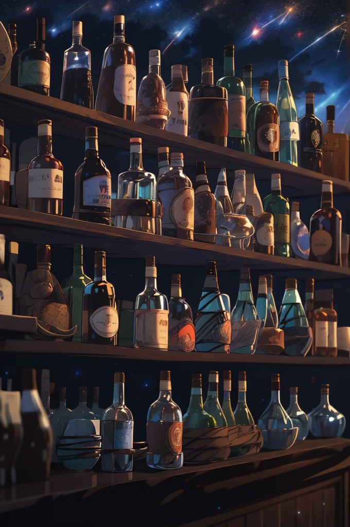 masterpiece, best quality, bottles,  fantasy, bar, cityscape, wide shot, city lights, night sky,  star \(sky\),  starry sky, (bar in the sky:1.5), blurry 