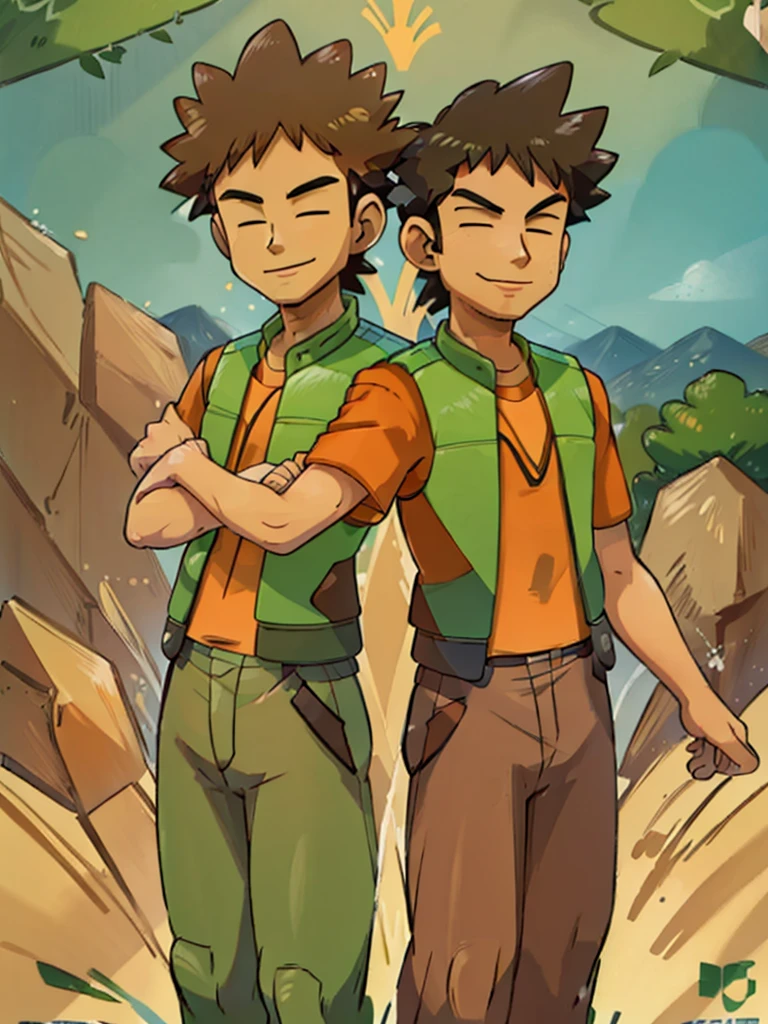 (masterpiece, best quality:1.2), hdr, 1boy, brkani (pokemon), forest, brown pants, orange shirt, short sleeves, green vest, open vest,looking at viewer,smile