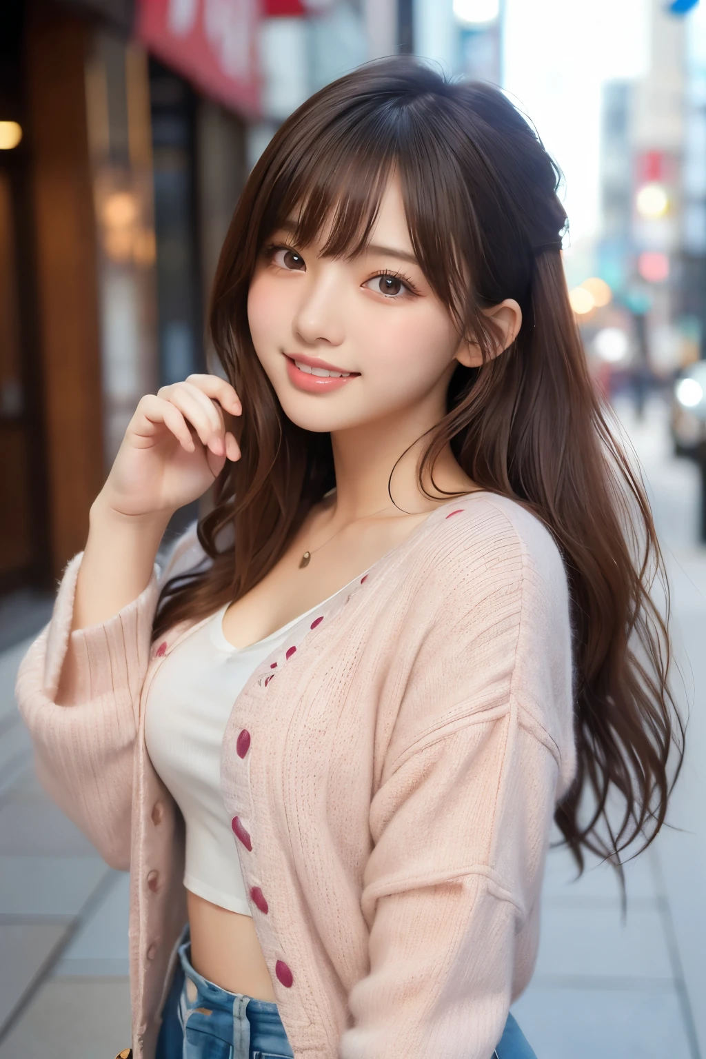 (masterpiece:1.2,Highest quality),Blur the background,1 female college student,((Cute casual clothes)),((Gravure pose)),Wavy Hair,((Beautiful Eyes)),Blushed Cheeks,Healthy Skin,(smile),(Shinjuku Date),8K resolution