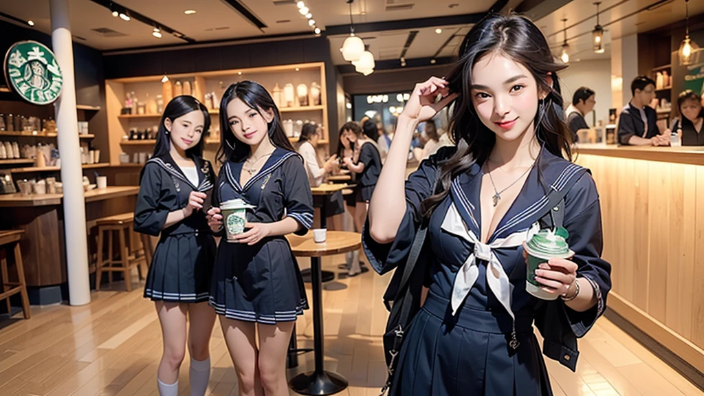 8K、RAW Photos、Highest quality、Super detailed、Super Resolution、Ultra HD、8K壁紙、Amazing details
(((Inside the Starbucks store)))、((((16 year old high school girl in sailor suit))))、Eat cake、Drink coffee、smile、Heart Necklace(((Emphasize cleavage)))
(Full body photo)
