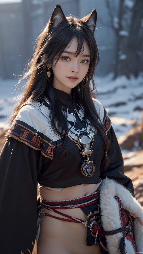 At the Grand Canyon、hair flow、 ((best quality、masterpiece、8K、Best image quality、Ultra-high resolution、Award-winning works)、(Look at me and smile:1.1)、Shining fair skin with Ultra-high resolution、The most delicate face、Ultra-high resolution detailed face、Ultra-high resolutionの髪の毛、(Ultra-high resolutionの煌めく瞳:1.1)、Delicate face，The details are portrayed vividly、（full-body shot）(Blurred background:1.1)、Native American Clothing, American Indian clothing, A black panther is right next to you。The wolf is watching