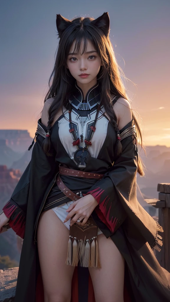 At the Grand Canyon、hair flow、 ((best quality、masterpiece、8K、Best image quality、Ultra-high resolution、Award-winning works)、(Look at me and smile:1.1)、Shining fair skin with Ultra-high resolution、The most delicate face、Ultra-high resolution detailed face、Ultra-high resolutionの髪の毛、(Ultra-high resolutionの煌めく瞳:1.1)、Delicate face，The details are portrayed vividly、（full-body shot）(Blurred background:1.1)、Native American Clothing, American Indian clothing, A black panther is right next to you。The wolf is watching