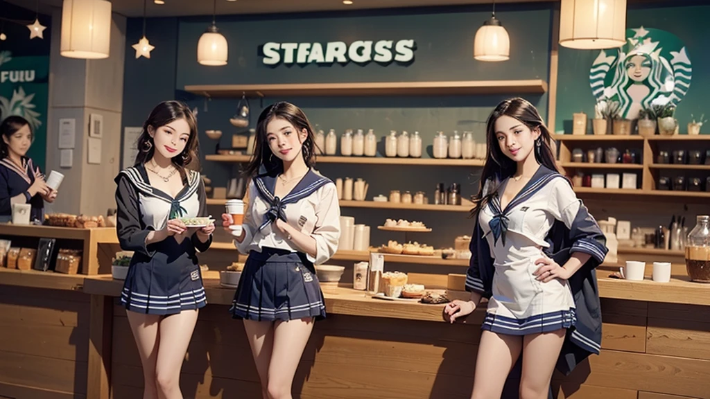 8K、RAW Photos、Highest quality、Super detailed、Super Resolution、Ultra HD、8K壁紙、Amazing details
(((Inside the Starbucks store)))、((((16 year old high school girl in sailor suit))))、Eat cake、Drink coffee、smile、Heart Necklace(((Emphasize cleavage)))
(Full body photo)