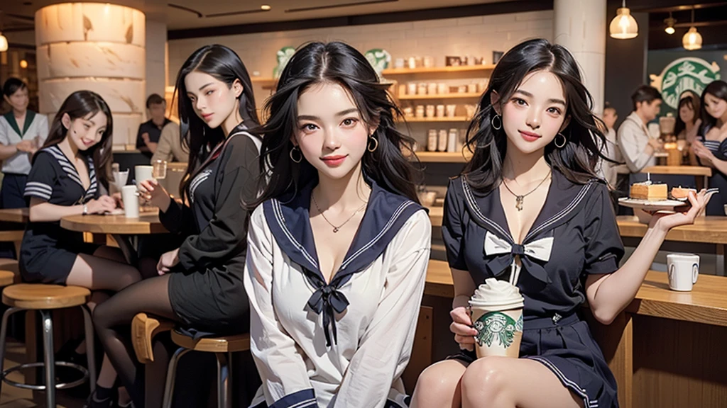 8K、RAW Photos、Highest quality、Super detailed、Super Resolution、Ultra HD、8K壁紙、Amazing details
(((Inside the Starbucks store)))、((((16 year old high school girl in sailor suit))))、Eat cake、Drink coffee、smile、Heart Necklace(((Emphasize cleavage)))
(Full body photo)