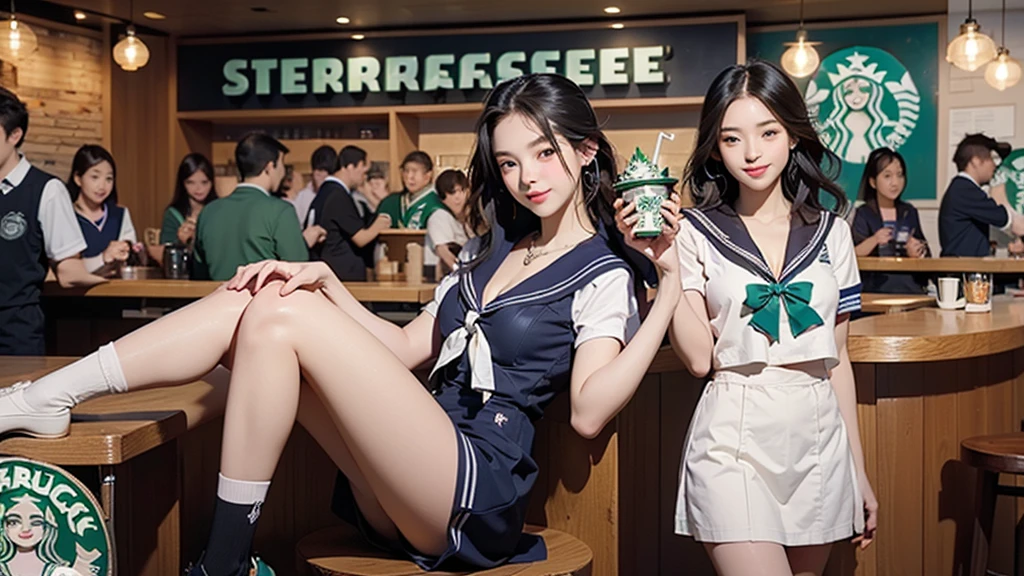 8K、RAW Photos、Highest quality、Super detailed、Super Resolution、Ultra HD、8K壁紙、Amazing details
(((Inside the Starbucks store)))、((((16 year old high school girl in sailor suit))))、Eat cake、Drink coffee、smile、Heart Necklace(((Emphasize cleavage)))
(Full body photo)