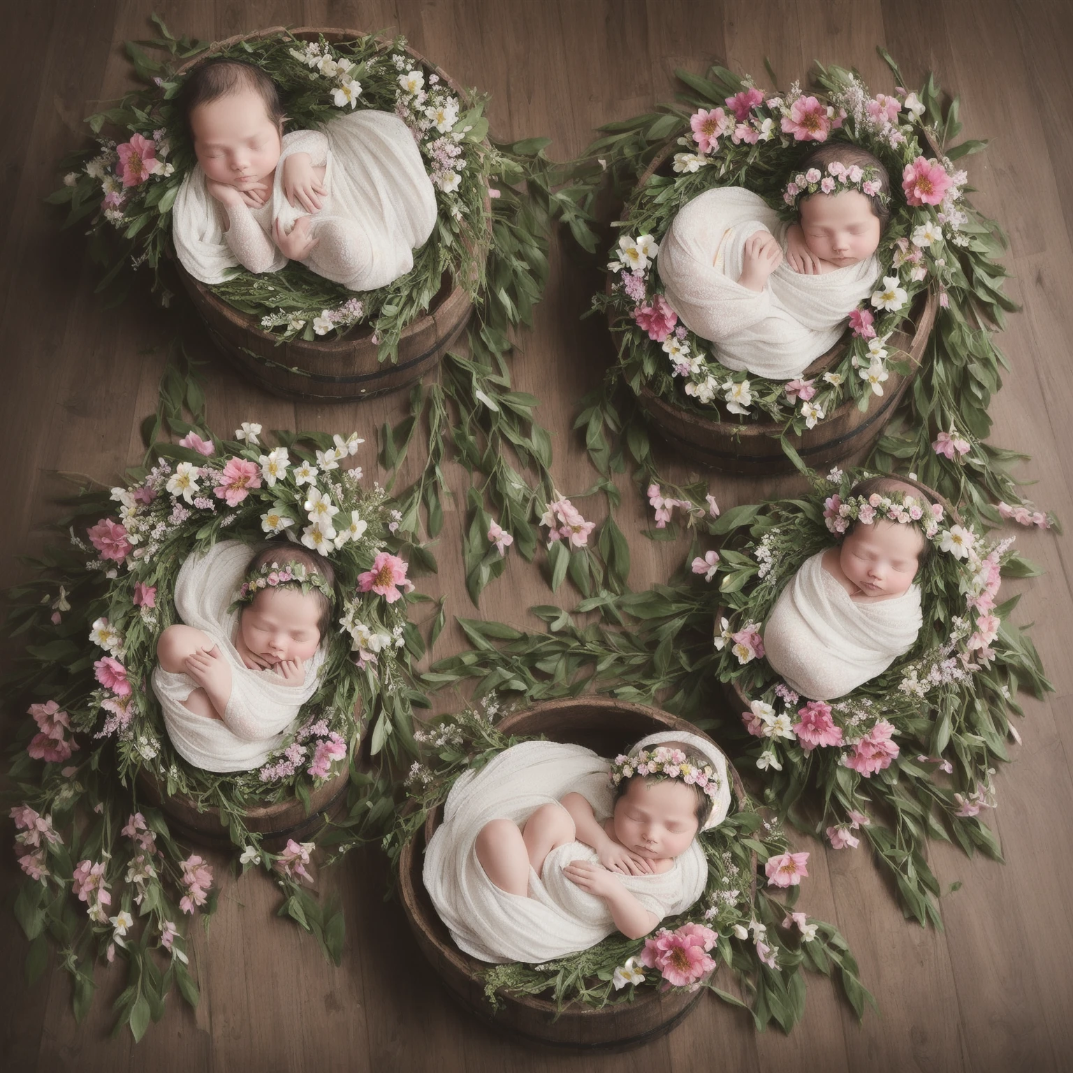there is a baby sleeping in a wooden barrel surrounded by flowers, inspired by Anne Geddes, wrapped in flowers, adorned with all kind of plants, dreamy and detailed, covered in plants, maternal photography 4 k, anna nikonova, photo of a beautiful, wrapped in cables and flowers, photo taken with nikon d750