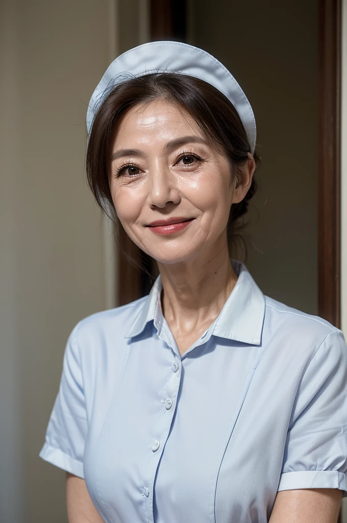 (masterpiece:1.4),(67-year-old woman:1.5),(facial wrinkles 1.2), (hair tied up : 1), A kind smile,maternal, Mature Woman, (dressed as a nurse : 1.2), (white collared Short sleeve uniform of nurse : 1.3), acnes, skin blemishes, fleckles, Nurse's hat, hospital, (thick arms : 1)