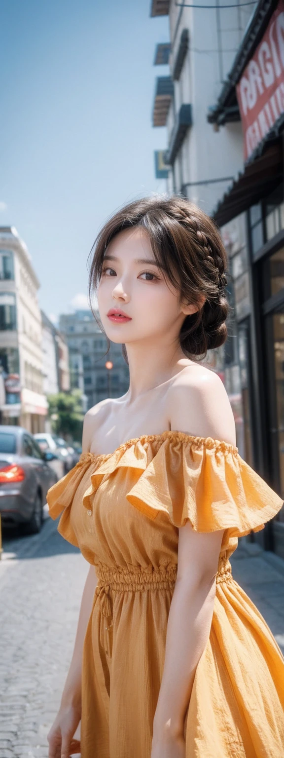 a woman posing on the street corner with orange dress on, best quality, 1 Girl, Large Breasts, sky, bright, Blurred Background, bokeh, outdoor, (street:0.8), (people, crowd:0.8), (Off-shoulder dress:1.2), Gorgeous, (Braided Bangs:1.2), Beautiful and delicate sky, (Dynamic poses:1.2), Soft lighting, wind, Glowing skin, (Upper Body:0.8), (freckle:0.8), Mole under mouth,