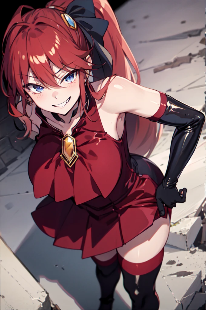 Highest quality, masterpiece, One Girl,Not beautiful, Red Ponytail, Long dress, brooch, Hair Ribbon, - Elbow hand pockets, Black knee socks, Standing on the rubble, (Wicked Smile:1.1), ,,Dark shadowed face,Sadistic smile,Malice,Contempt,smile,latex,Bad face,,Red Skirt,two hands,two legs,five fingers,evil background,elbow gloves,latex, Wicked Smile, devilish aura (Shiny fabric:1.5),Dark world background,