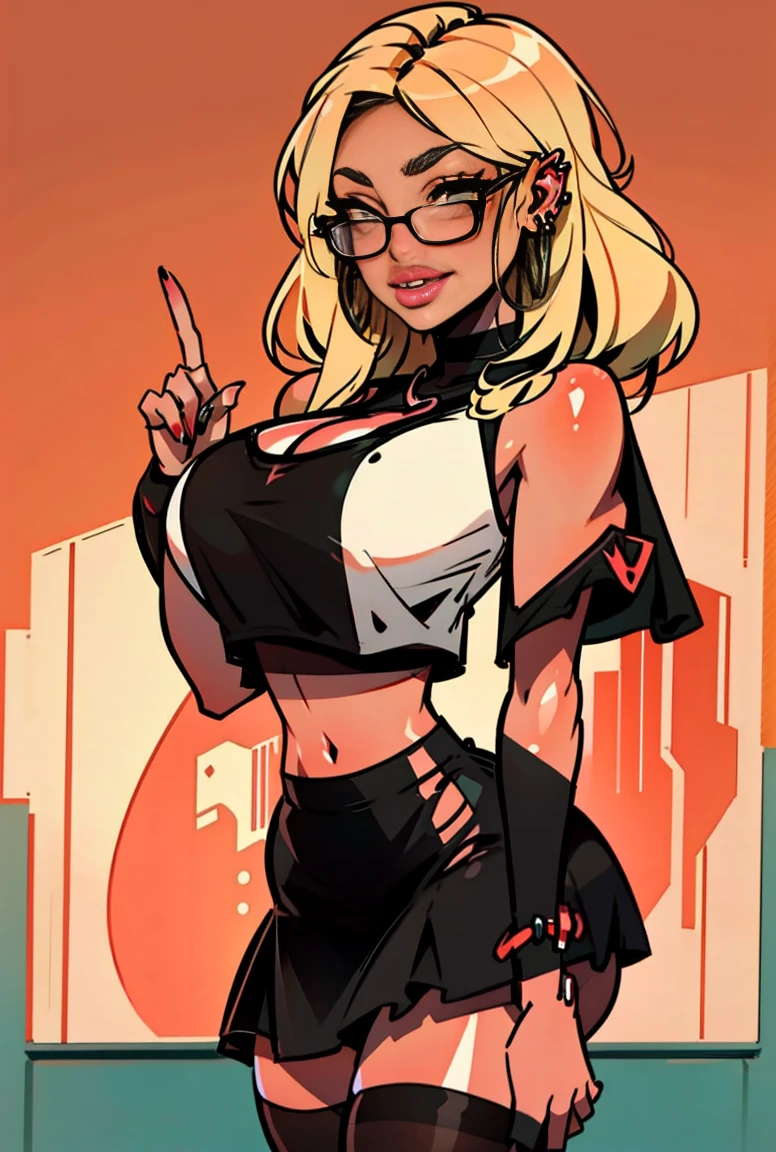 Sandy blonde hair, glasses, bright green eyes, stockings, crop top, big , thick thighs, hours glasses, wavey hair, black knee high socks, skirt, black skirt, red dragon crop top, big , peace sign, ((peach lips)), smile, cute hair style , white skin