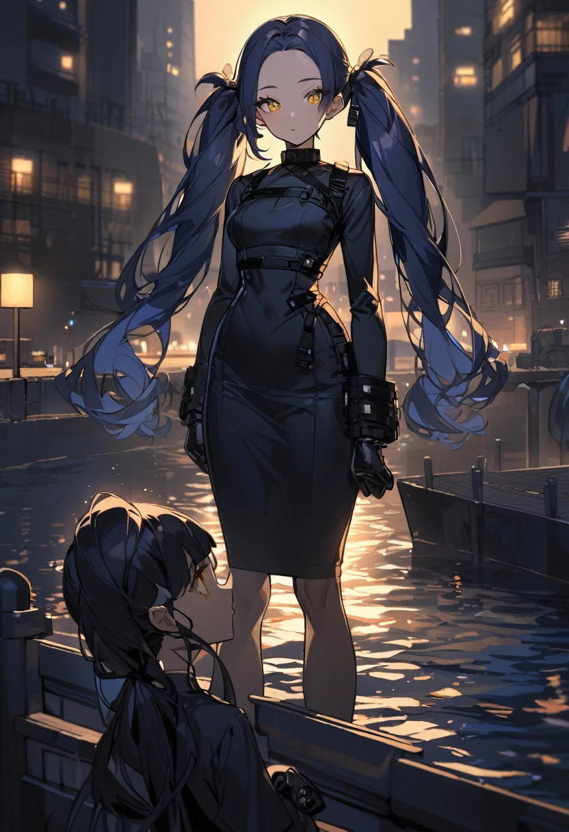 (One very tall woman,Dark navy blue hair,Her hairstyle is twin tails that expose her forehead.,Medium chest,yellow eyes)Black Techwear,Thimble gloves,Riverside at night