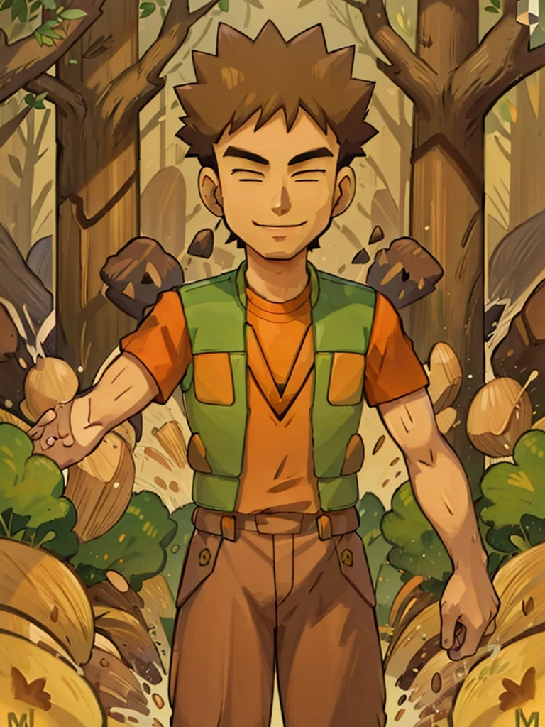 (masterpiece), hdr, 1boy, brkani,  forest, brown pants, orange shirt, short sleeves, green vest, open vest,looking at viewer,smile