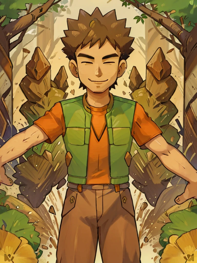 (masterpiece), hdr, 1boy, brkani,  forest, brown pants, orange shirt, short sleeves, green vest, open vest,looking at viewer,smile