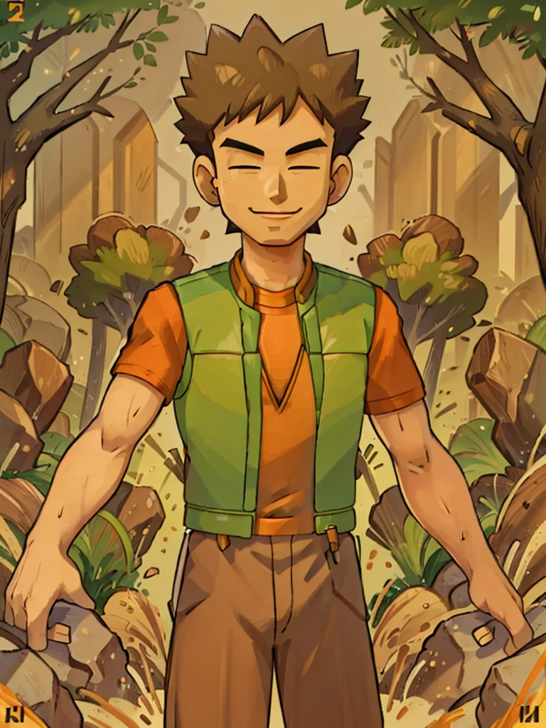 (masterpiece), hdr, 1boy, brkani,  forest, brown pants, orange shirt, short sleeves, green vest, open vest,looking at viewer,smile