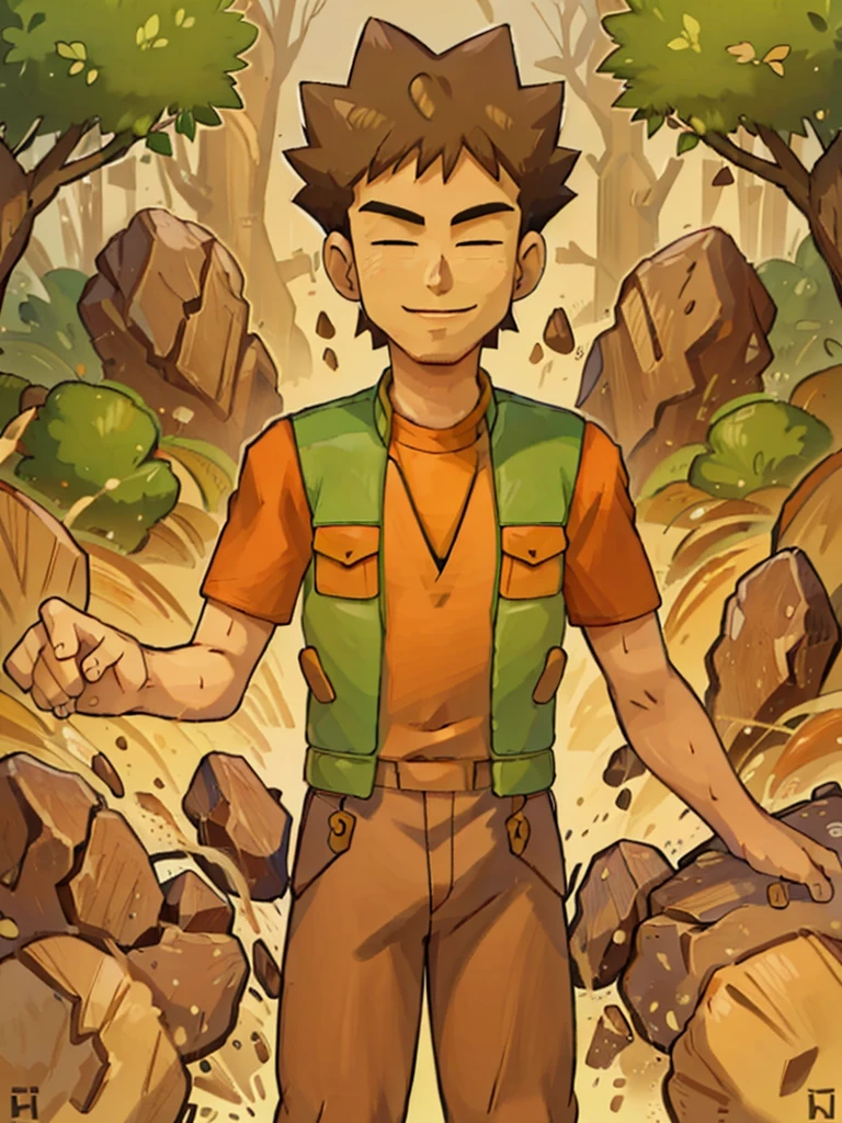 (masterpiece), hdr, 1boy, brkani,  forest, brown pants, orange shirt, short sleeves, green vest, open vest,looking at viewer,smile