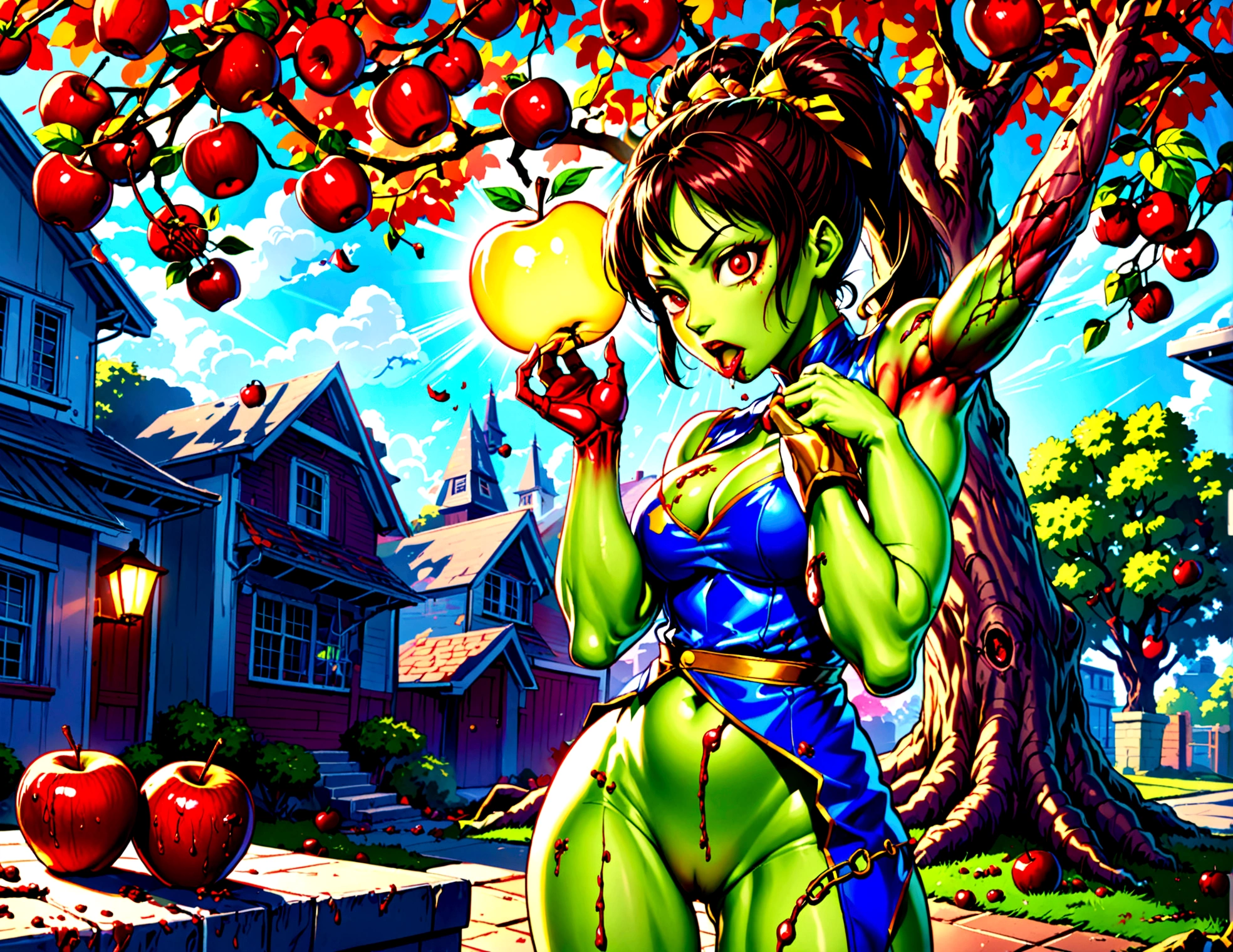 (street Fighter 2 16 bit game) Custom character 'treeman' (evil apple tree man from Wizard of Oz, dark bark skin, apples hanging in his hair) is tossing apples at and battling (subject 2: Zombie Chun Li (sexy fighting outfit, battle damage, green skin, zombie shamble, kinda gross)
