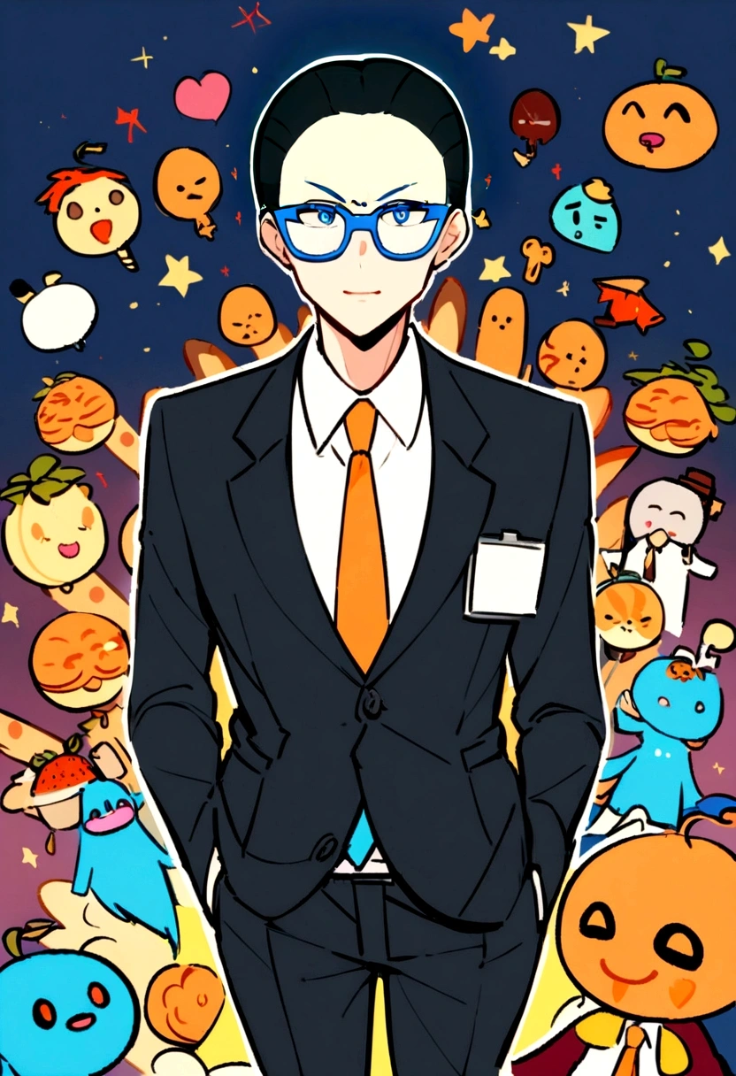 One wears blue glasses and an orange tie，Cartoon character of man in black coat office worker,Coffee-colored hair
