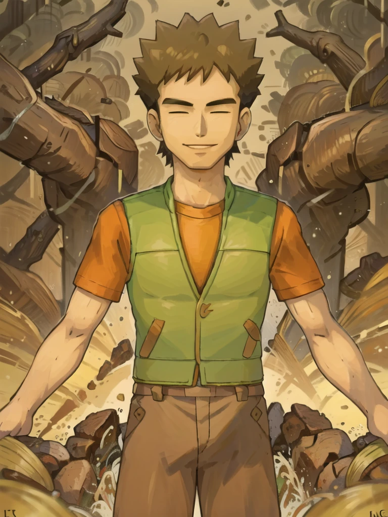 (masterpiece), hdr, 1boy, brkani, forest, brown pants, orange shirt, short sleeves, green vest, open vest,looking at viewer,smile