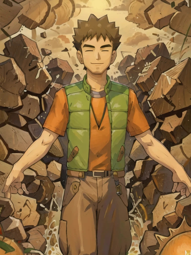 (masterpiece), hdr, 1boy, brkani, forest, brown pants, orange shirt, short sleeves, green vest, open vest,looking at viewer,smile