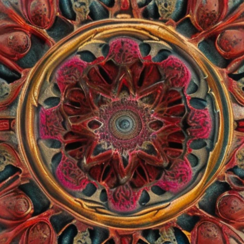 7+√(777×tan(7+7), mandala, centered,dark red, pink flesh and coal black, organic matter, cellular colony, fractal,hyperdetailed, masterpiece, 3d modelling, deep,abstract art, digital art