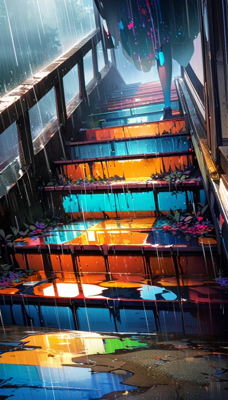 girl standing on steep stairs,close up,rain,reflection,Bright and colorful,High Saturation,CG Art, Makoto Shinkai's photo, pure, Concept Art, Lofi Art style,Shinkai Makoto animation art style, Lofi Art, Beautiful anime scene, Anime Landscape, Detailed scenery, Makoto Shinkai's style, Makoto Shinkai's style, Enhance Details