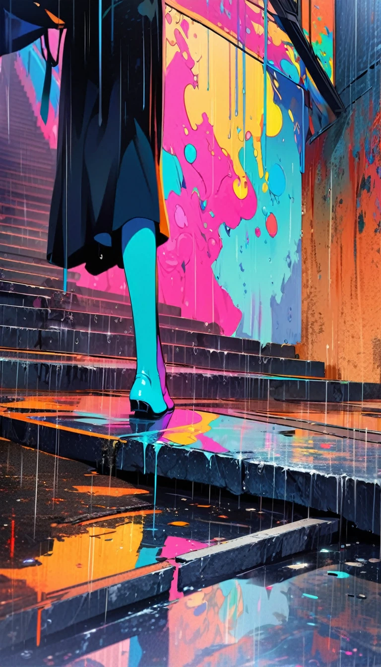girl standing on steep stairs,close up,rain,reflection,Bright and colorful,High Saturation,CG Art, Makoto Shinkai's photo, pure, Concept Art, Lofi Art style,Shinkai Makoto animation art style, Lofi Art, Beautiful anime scene, Anime Landscape, Detailed scenery, Makoto Shinkai's style, Makoto Shinkai's style, Enhance Details