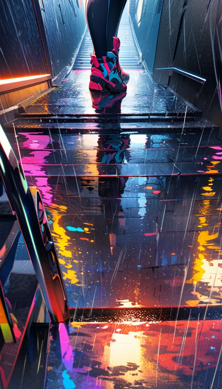 girl standing on steep stairs，close up，rain，reflection，Bright and colorful，High Saturation，CG Art， Makoto Shinkai&#39;s photo, pure, Concept Art, Lofi Art style，Shinkai Makoto animation art style, Lofi Art, Beautiful anime scene, Anime Landscape, Detailed scenery, Makoto Shinkai&#39;s style, Makoto Shinkai&#39;s style, Enhance Details 