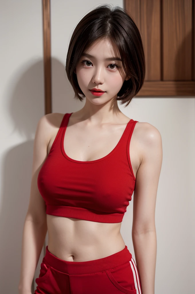 A very cute girl, solo, young, wearing red tank top and short pants, big breasts, white and smooth skin, standing, medium hairs, red lip, at mountain, realistic face
