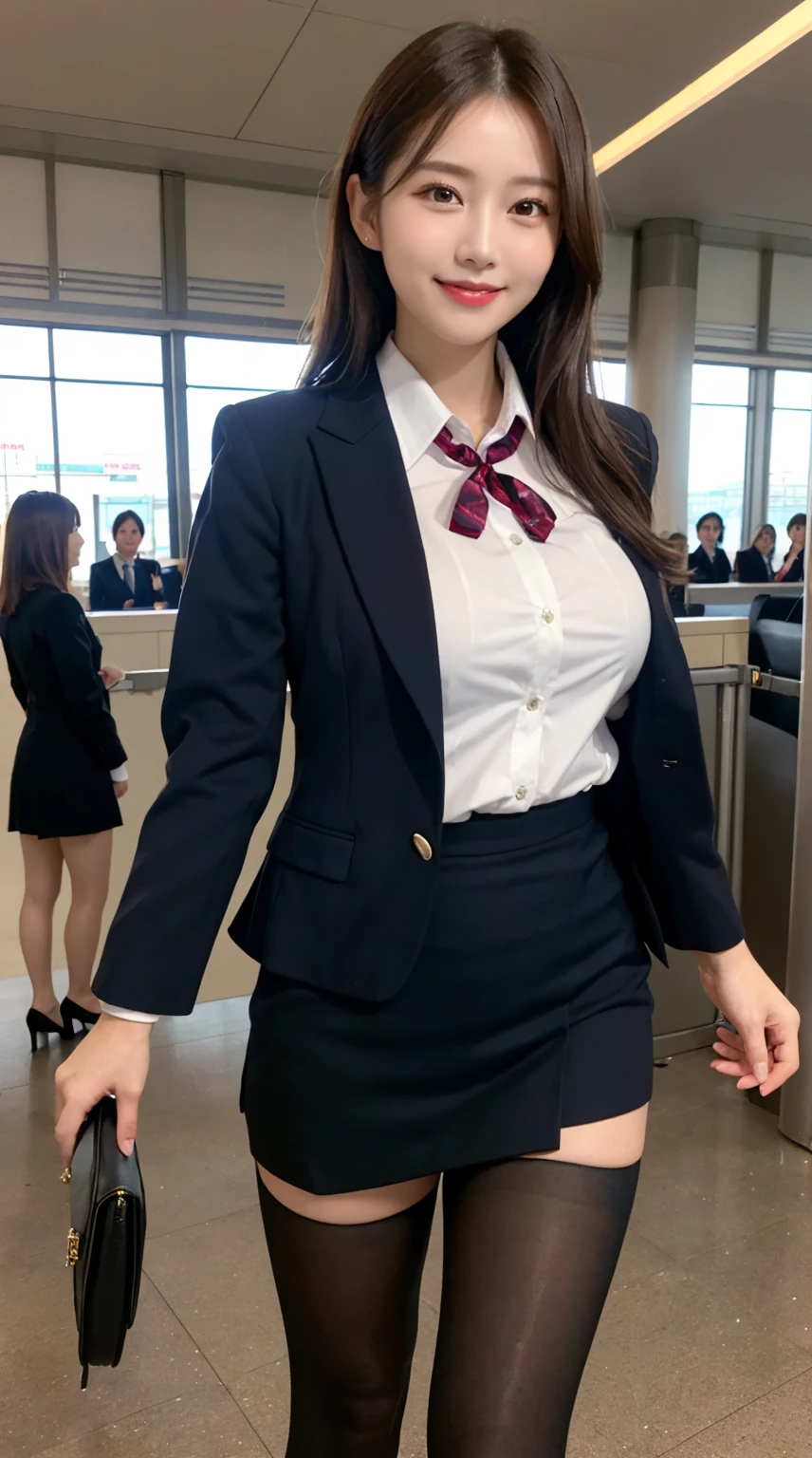 ​highest quality、table top、8k、best image quality、Award-winning work), two beautiful women、(2 women:1.6), radiant beautiful skin , masterpiece、top-quality、The ultra -The high-definition、depth of fields、lens flare , 2 girls、、brown hair, watching at viewers glares, large breasts , stewardess uniform, ( stewardess blazer:1.3),  shirt, short  skirt, (black high heels), perfect legs, model pose, view from below, smiling , airport arrival, pantyhose 
