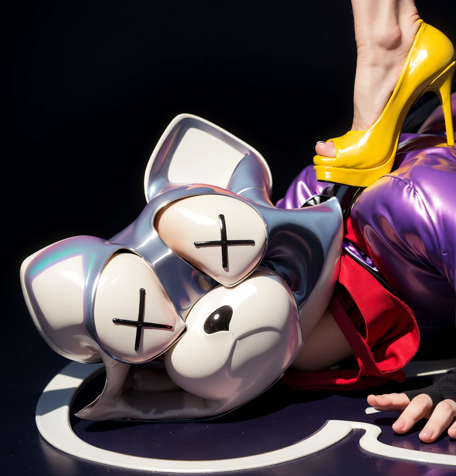 This image features a dark-skinned young man of African descent dressed in a vibrant raccoon costume lying down on a dark surface. The raccoon mask he is wearing shows a sad expression with large X's over the eyes, suggesting a dazed or lifeless state. His outfit includes a glossy, latex-like purple costume that appears wet and shimmers with iridescent colors, adding a striking, polished look to his appearance. He also wears a red scarf and black fingerless gloves. Standing on his back is a person wearing bright yellow high-heeled shoes with white ankle socks. The glossy, latex-like finish of the shoes matches the shimmering quality of the young man's outfit, creating a cohesive and visually appealing contrast. The combination of the shiny, iridescent textures and vibrant colors enhances the overall dramatic and whimsical nature of the scene.
