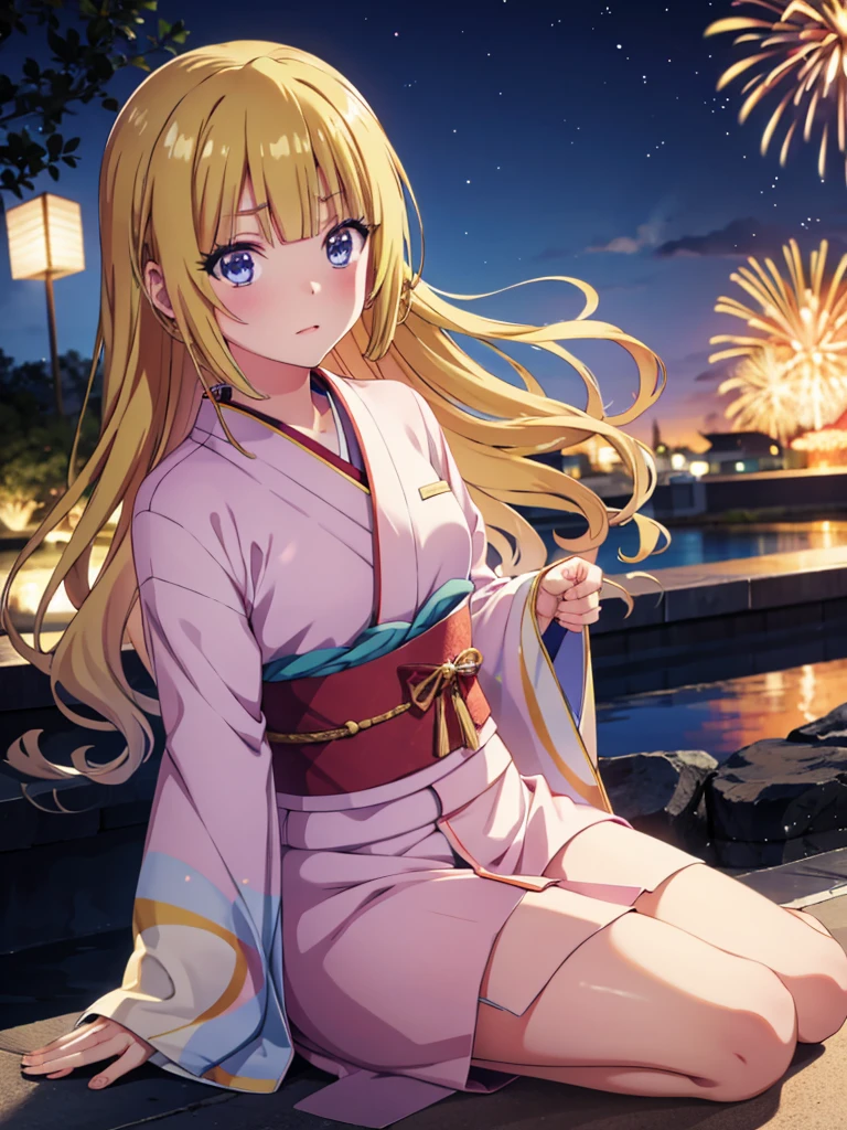 Kei karuizawa, kimono night in firework ,blonde, blue eyes