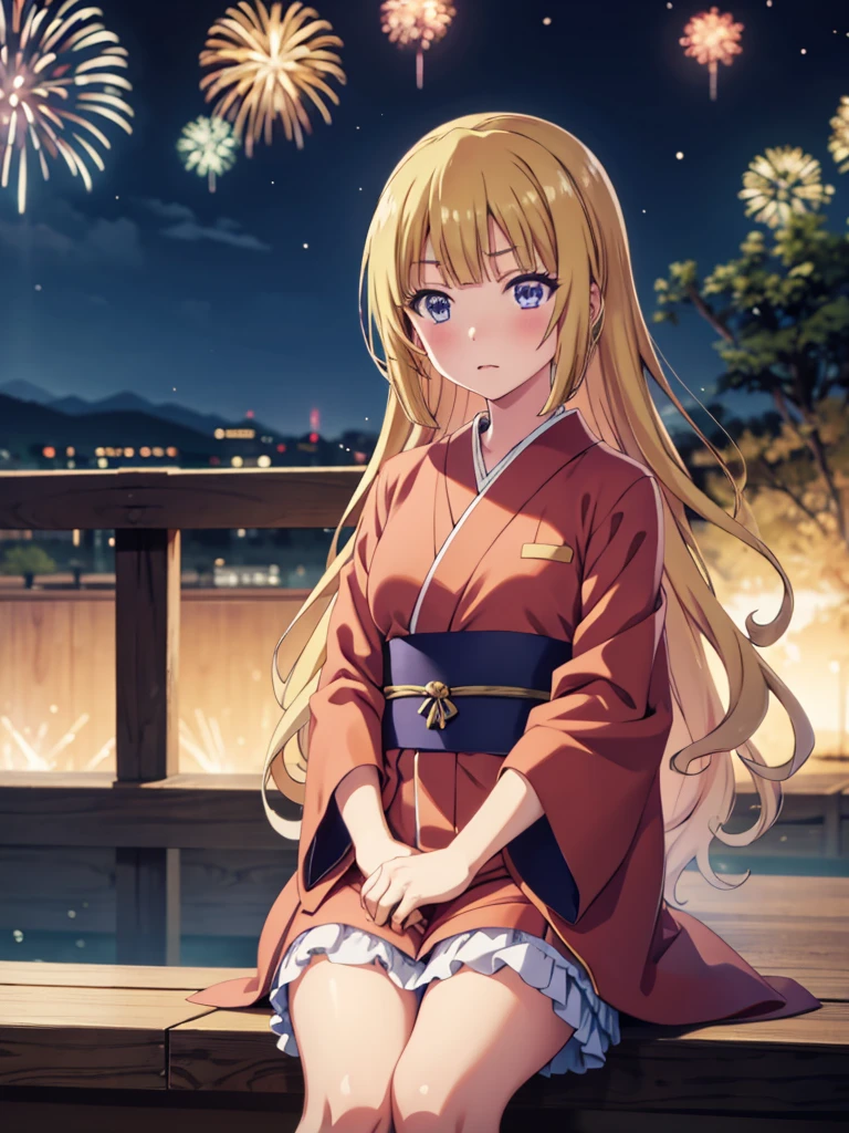 Kei karuizawa, kimono night in firework ,blonde, blue eyes