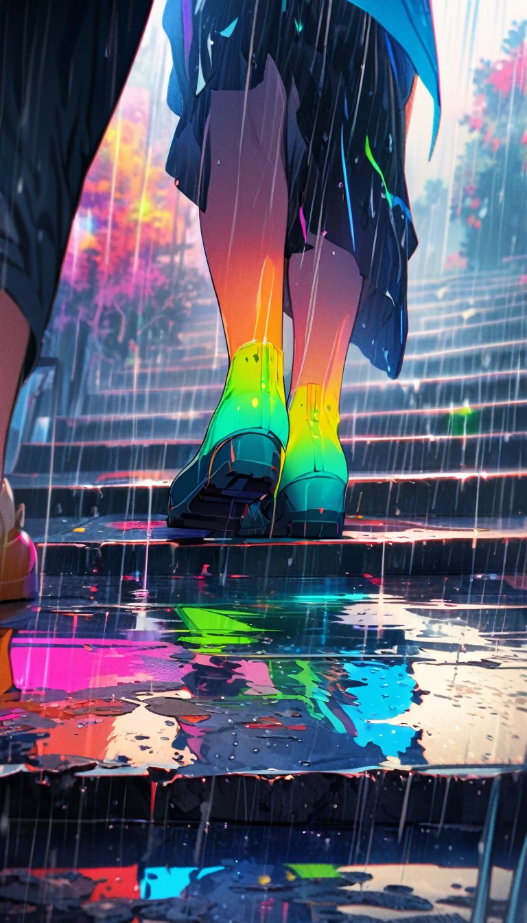 girl standing on steep stairs，close up，rain，reflection，Bright and colorful，High Saturation，CG Art， Makoto Shinkai&#39;s photo, pure, Concept Art, Lofi Art style，Shinkai Makoto animation art style, Lofi Art, Beautiful anime scene, Anime Landscape, Detailed scenery, Makoto Shinkai&#39;s style, Makoto Shinkai&#39;s style, Enhance Details