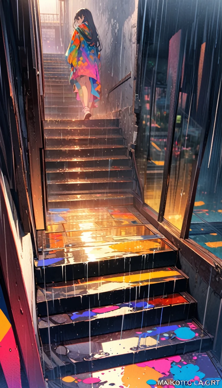 girl standing on steep stairs,close up,rain,reflection,Bright and colorful,High Saturation,CG Art, Makoto Shinkai's photo, pure, Concept Art, Lofi Art style,Shinkai Makoto animation art style, Lofi Art, Beautiful anime scene, Anime Landscape, Detailed scenery, Makoto Shinkai's style, Makoto Shinkai's style, Enhance Details