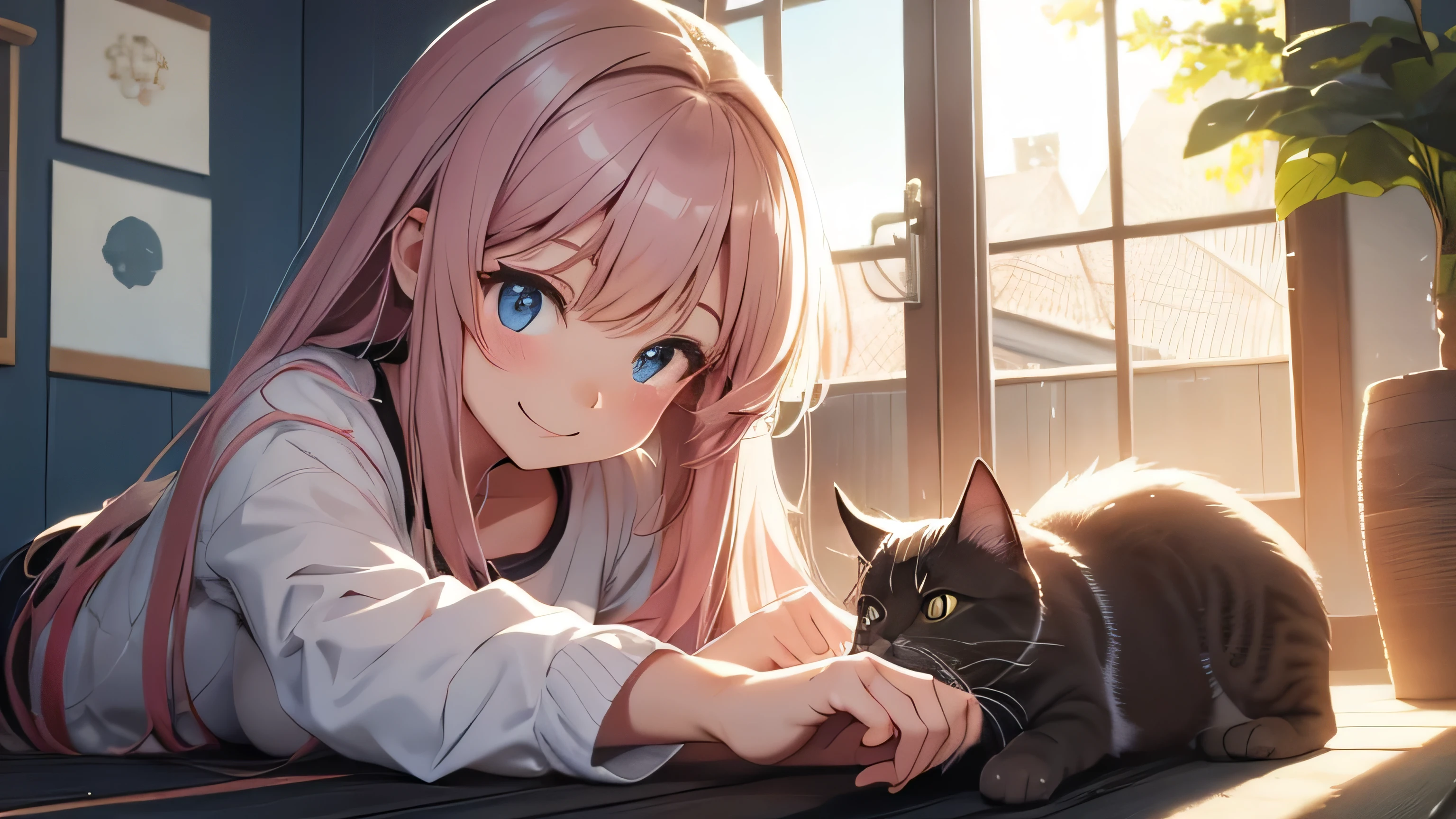 Beautiful anime girl playing with a cat　Your smile is cute