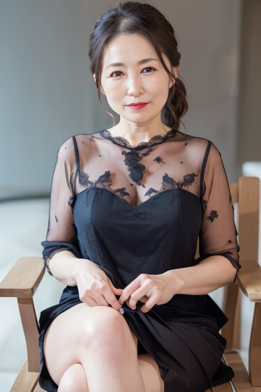 8K, Mature elegant Japanese woman, 55 years old, Married women, Delicate features, Long eyelashes, Sparkling eyes, Low Ponytail, Red lipstick, Rosy Cheeks, eye shadow, Attractive lips, Sheer Lingerie, Sit on a chair, Crossing your legs, photo shoot, (Highest quality,8K,High resolution,masterpiece:1.2),