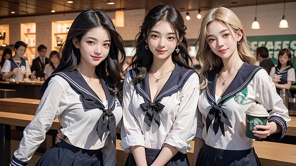 8K、RAW Photos、Highest quality、Super detailed、Super Resolution、Ultra HD、8K壁紙、Amazing details
(((Inside the Starbucks store)))、((((16 year old high school girl in sailor suit))))、Eat cake、Drink coffee、smile、Heart Necklace(((Emphasize cleavage)))
(Full body photo)