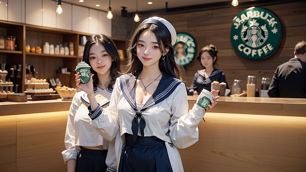 8K、RAW Photos、Highest quality、Super detailed、Super Resolution、Ultra HD、8K壁紙、Amazing details
(((Inside the Starbucks store)))、((((16 year old high school girl in sailor suit))))、Eat cake、Drink coffee、smile、Heart Necklace(((Emphasize cleavage)))
(Full body photo)