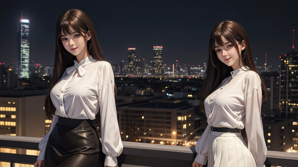 Anime, masterpiece, best quality, extremely detailed, hyperrealistic, photorealistic, Anime young 1 girl 18 years, lying, white blouse, black skirt, perfect very beautiful body, long brown hairs, big perky breasts, realistic skin, ultra detailed face:1.1, modern city, night, megapolis, seductive smile