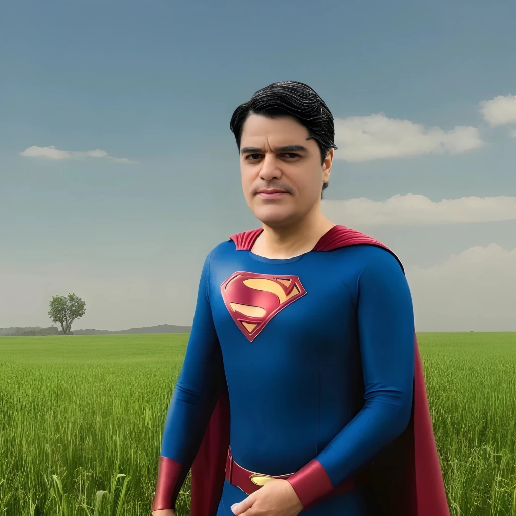 arafed man in a Super homen costume standing in a field, Super homen pose, stalin as Super homen, danny devito as Super homen, Retrato de super-herói, Super homen, tom hanks as Super homen, super foto realista, gabe newell as a Super homen, retrato vfx altamente detalhado de, donald trump as Super homen, bob ross as Super homen, feito em maya e photoshop, joe as Super homen