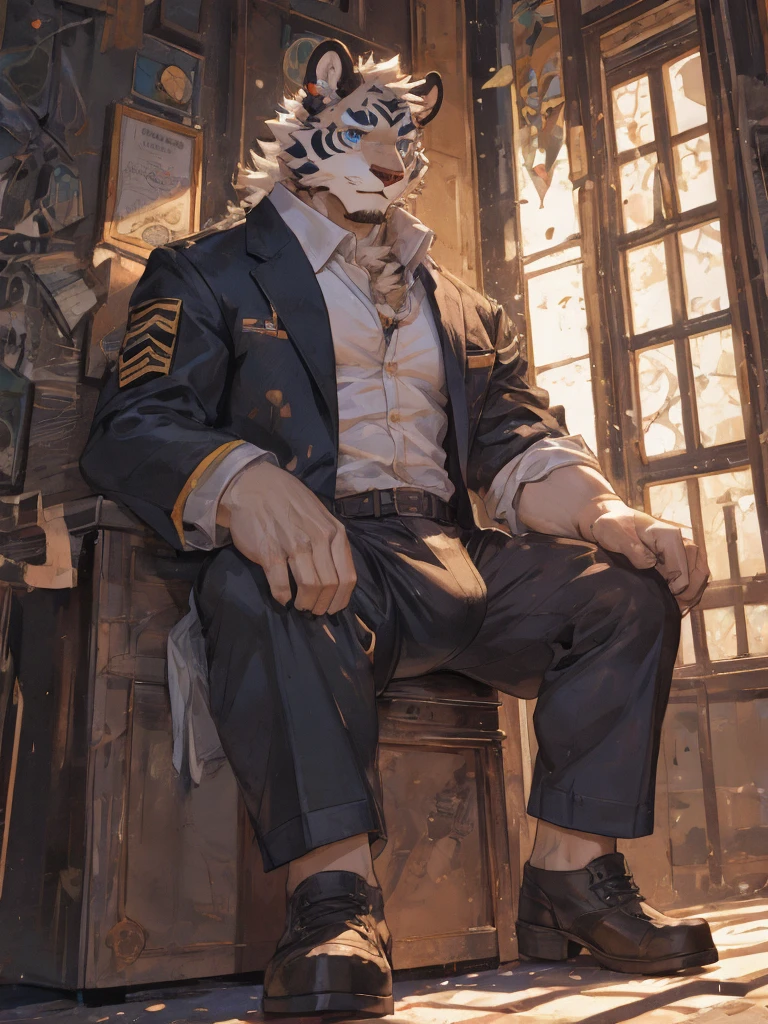 {{bara extremely handsome white tiger,}} {{white fur,}} white, wearing military like purple trench coat, purple trousers, white dress shirt and necktie, white fluffy furry body and limbs, loafers, very tall, very broad shoulders, narrow waist, muscular arms, massive pecs, purple eyes, very long legs, sitting on swivel chair with legs spread, from below perspective, massive bulge, sophisticated hot look, sexy pose, full body, sunlight casting over, 3/4 view, best quality, high quality, silver earring on left ear, sultry smirk