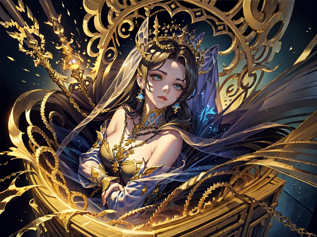 This is、It's a masterpiece of realistic fantasy with lots of sparkles, Glitter, and intricate ornate details. Produces one woman with a beautiful delicate crown sitting on a garden swing at night. She is a beautiful and seductive butterfly queen with stunning curly black hair, (((Incredibly realistic and detailed dynamic eyes in bright colors with realistic shading))). Her skin is translucent white, Her eyes are shining, And her dress is elegant. Her dress is spun with delicate and finest gossamer silk, Convoluted, Delicate floral details and gold silk butterfly sleeves. Her face is lovely and lonely. Include flowers that glow in the dark, Lots of particles, Highly realistic fantasy butte fly with translucent gem-colored wings and fine details, And shine. Trending fantasy titles from Artstation and Midjourney、Reminds of the masters of this genre. camera: Using dynamic composition techniques、Emphasizes ethereal delicacy and delicate details.