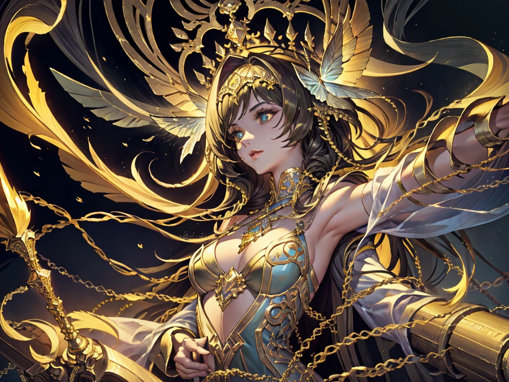 This is、It's a masterpiece of realistic fantasy with lots of sparkles, Glitter, and intricate ornate details. Produces one  woman with a beautiful delicate crown sitting on a garden swing at night. She is a beautiful and seductive butterfly queen with stunning curly black hair, (((Incredibly realistic and detailed dynamic eyes in bright colors with realistic shading))).  Her skin is translucent white, Her eyes are shining, And her dress is elegant. Her dress is spun with delicate and finest gossamer silk, Convoluted, Delicate floral details and gold silk butterfly sleeves. Her face is lovely and lonely. Include flowers that glow in the dark, Lots of particles, Highly realistic fantasy butte fly with translucent gem-colored wings and fine details, And shine. Trending fantasy titles from Artstation and Midjourney、Reminds of the masters of this genre. camera: Using dynamic composition techniques、Emphasizes ethereal delicacy and delicate details.
