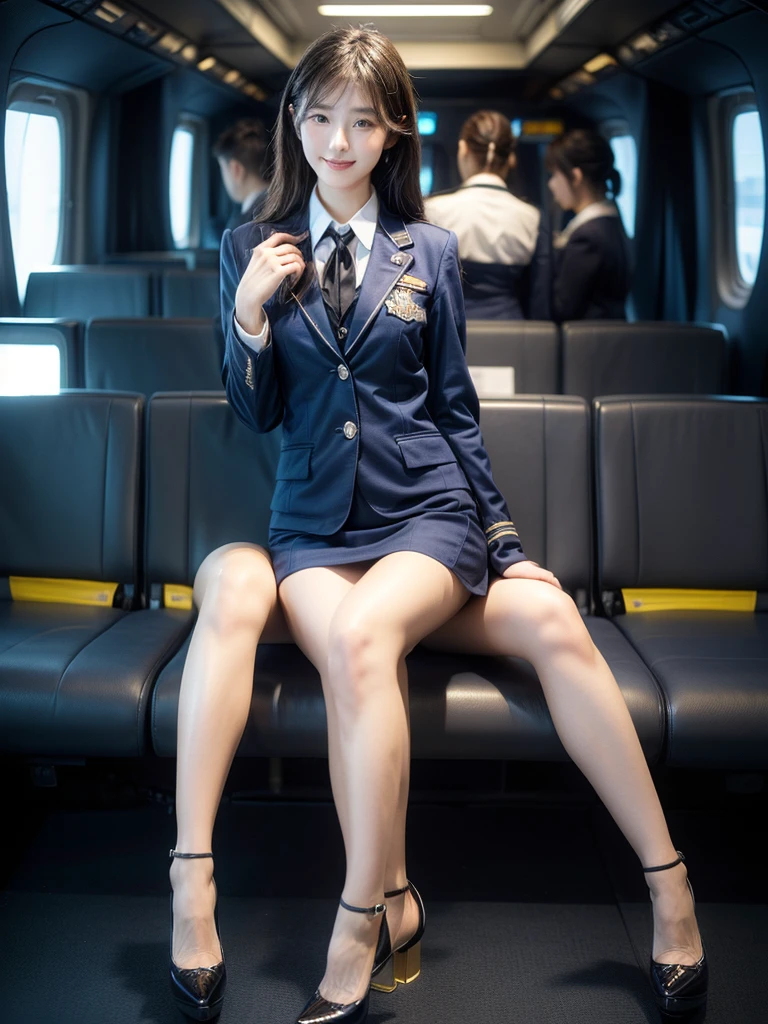 Practical Photography, 22 years old, Portrait, Full Body, Korean, (Mature: 1.3), Two girls, Beautiful girls, (Environmental details: 1.3), (Original image, CG Unity, Photography, Ultra-practical details, Clear focus, Delicate skin, 4K high resolution, Masterpiece, Best quality, Practical, Energetic: 1.2), (8K, 4K, Ultra-high quality, High resolution, Major, Unique, Dramatic), Medium-sized breasts, Stewardess uniform, (Dark blue stewardess blazer: 1.3), Shirt, Short ivory skirt, (Black YSL high heels), Perfect legs, Model pose, Smile,Flight cabin