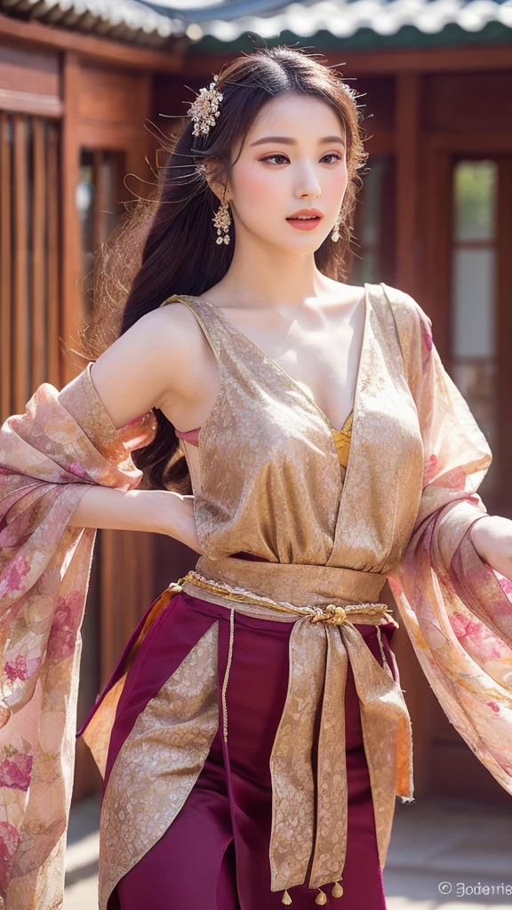 (lifelike, high resolution:1.3), close up,A dancer in a flowing silk ensemble, her costume adorned with intricate patterns of plum blossoms, performs gracefully in a courtyard amidst the serene backdrop of Hangzhou's West Lake.