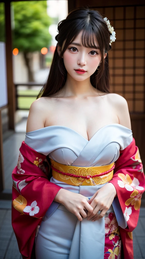 Best Quality, High Resolution, 8K Wallpaper, Beautiful Eyes, Natural Lips, Masterpiece, Super Hi-Res, (Real:1.5) RAW Image, One Woman, Off Shoulder, Japanese Oiran, Decollete, Full Length, Dark Kimono, Long Hair, Japanese Hair Decoration