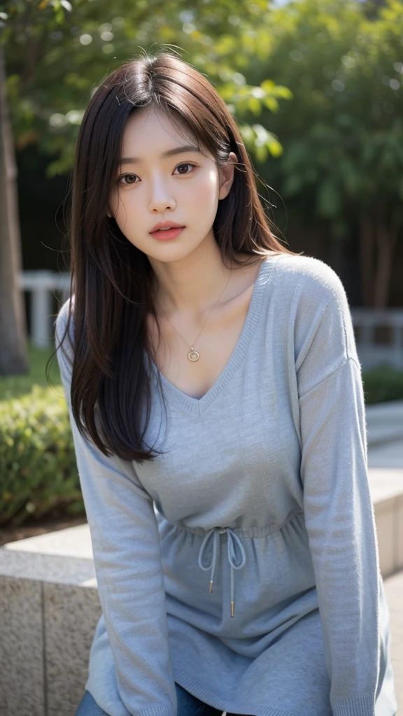 (Highly realistic photos, High resolution, Detailed face, Beautiful Eyes), Photographed in front of a white wall、Japanese women, 40 years old, A variety of expressions, alone:1, Slim figure, Various Hair Styles, Casual clothing, 写真にaloneいる、Long sleeve dress、Photographed in natural light、Simple Necklace、Spring Clothes、Don't look at the camera、profile、Dark brown hair color