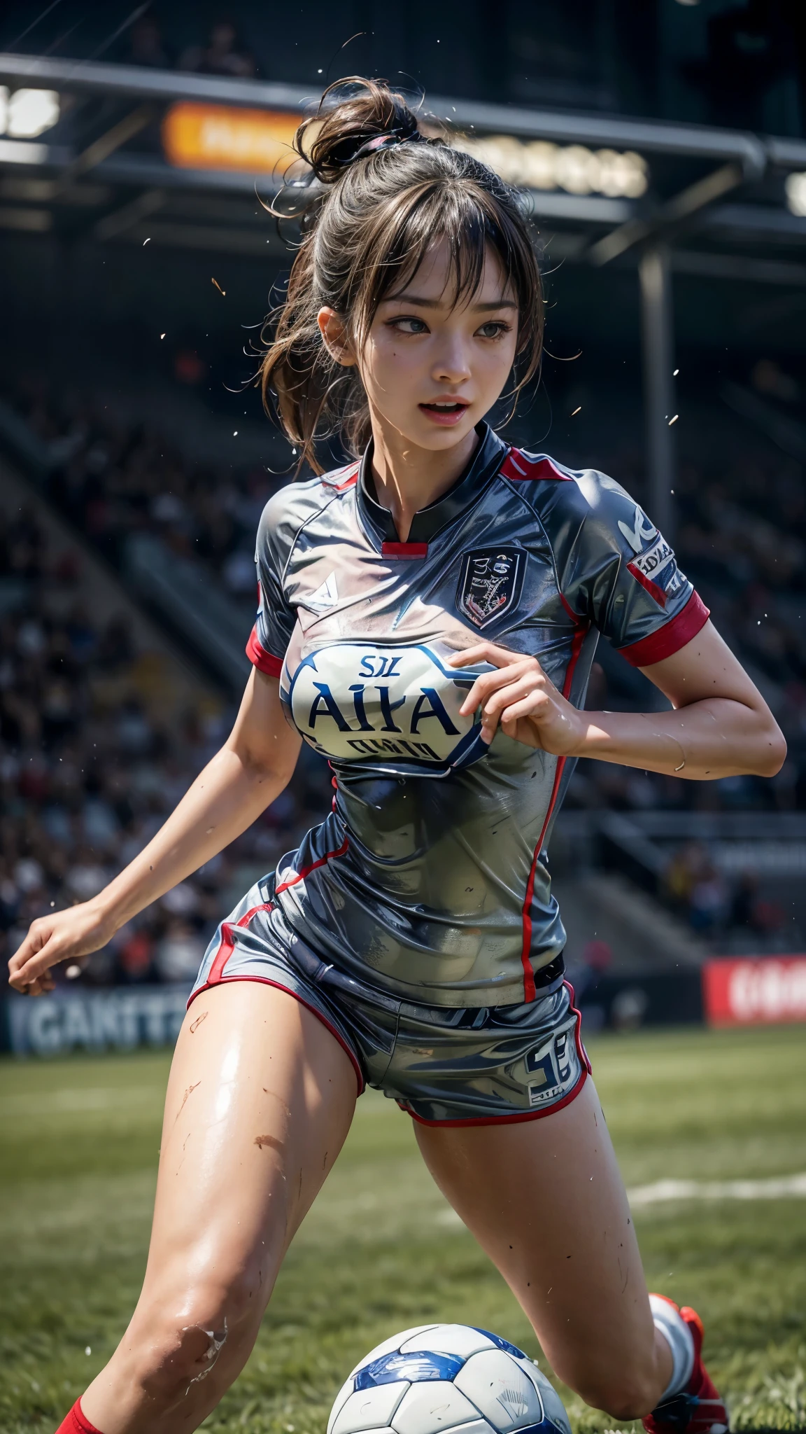 Highest quality, High resolution:1.2, Very detailed, Realistic:1.3, ((Beautiful woman))、((Super tight uniform))、((Big Breasts))、(The abdomen is visible)、(((Soccer uniforms)))、Vibrant colors, play soccer,(Blunt bangs)、((Various Hair Styles))、Different hair colors、With bangs、Wet Hair, concentrate, splash, Action Shots, Grass blotches, Muddy ground, Wet turf, decide, Fast-paced games, Athletic physique, Shiny soccer ball, Wet Uniform, raindrop, Blurred motion, ボールにconcentrateする, Intense competition, Skillful dribbling, Energetic play, Teamwork, powerful shoots, Wet pitch, Passionate sports, Fierce decide, Humid atmosphere, Fluid movement, emotional expression、Dramatic lighting, Women's Sports, Avid athletes, Exciting Games, Endure, Excited state, Speed and agility, Energetic play, 濡れたsplash、smile、((Red Uniform))