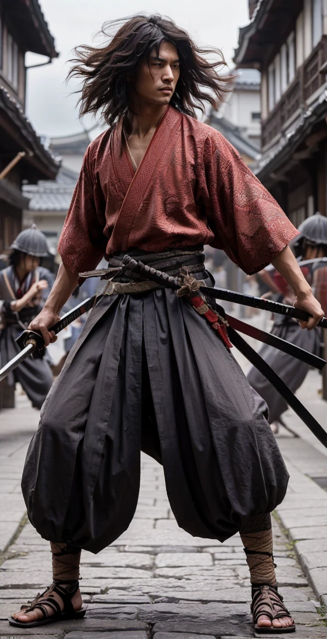 Create a stylized, realistic Japanese man character messy long hair inspired by traditional Japanese samurai, featuring intricate details such as a textured red kimono, a black woven belt, and classic samurai sandals. The character strikes a dynamic pose with a katana drawn, expressing readiness and skill. The background is a traditional samurai village streets and there are several samurai soldiers ready to attack, emphasizing the character in the foreground.